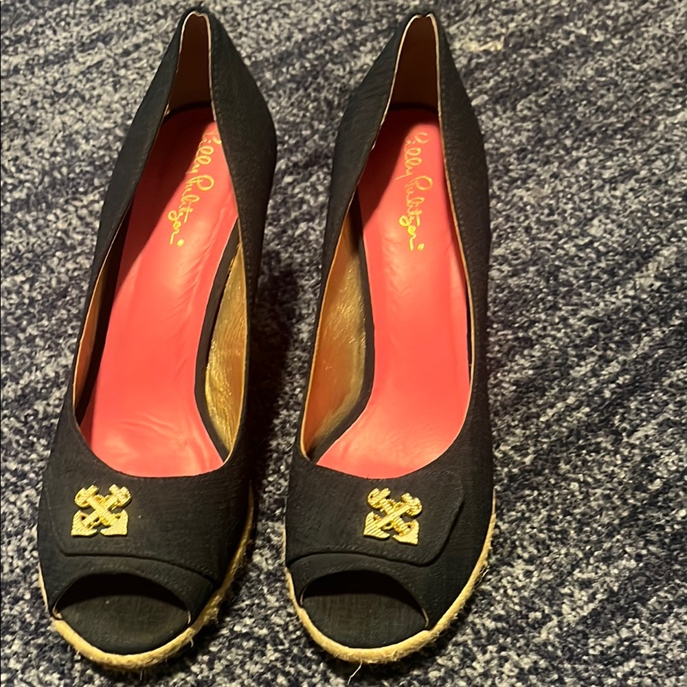 Lilly Pulitzer Navy Peep-Toe Wedge Heels with Gold Details